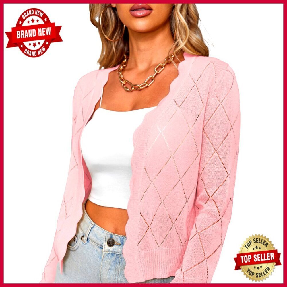 Long Sleeve Cropped Cardigan Open Front Hollow Out Shrug Sweater S-XL